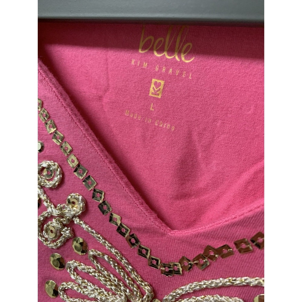 Belle Kim Gravel Cotton Stretch Embroidered Bling Top Pink Large NEW - Picture 5 of 13